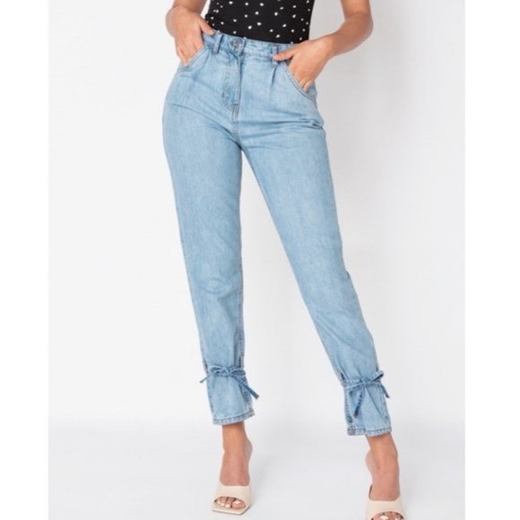 Denim - Blue High Waist Tie Detail Straight Leg Jeans Denim Pants